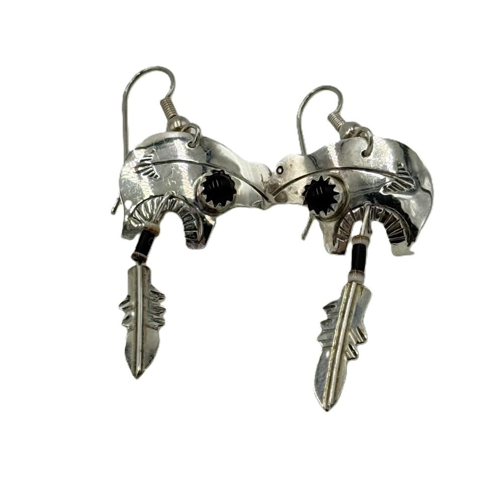 Navajo Signed Sterling Silver Black Onyx Spirit Bear Dangle Earrings | Nel J.